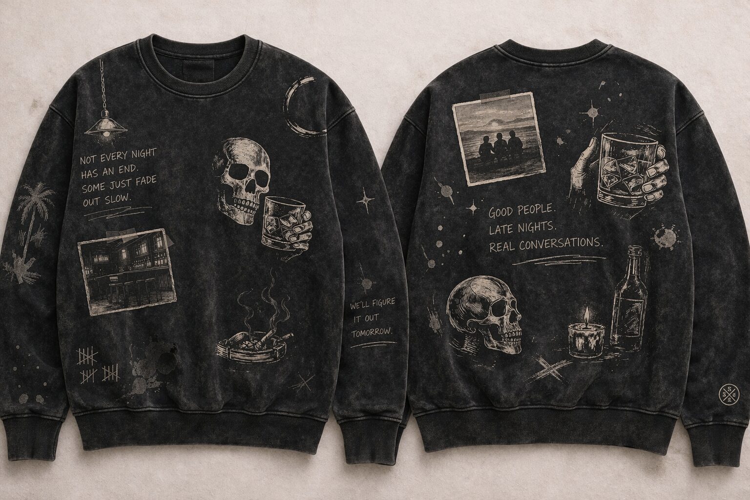 Washed black crewneck, sketched front and back