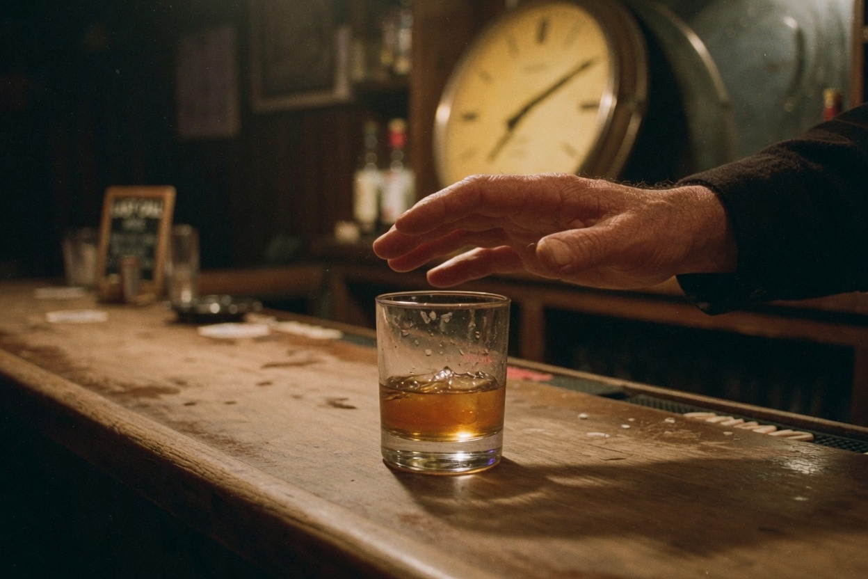 A hand held over a glass of whiskey on a worn bar, not touching it. A wall clock behind.