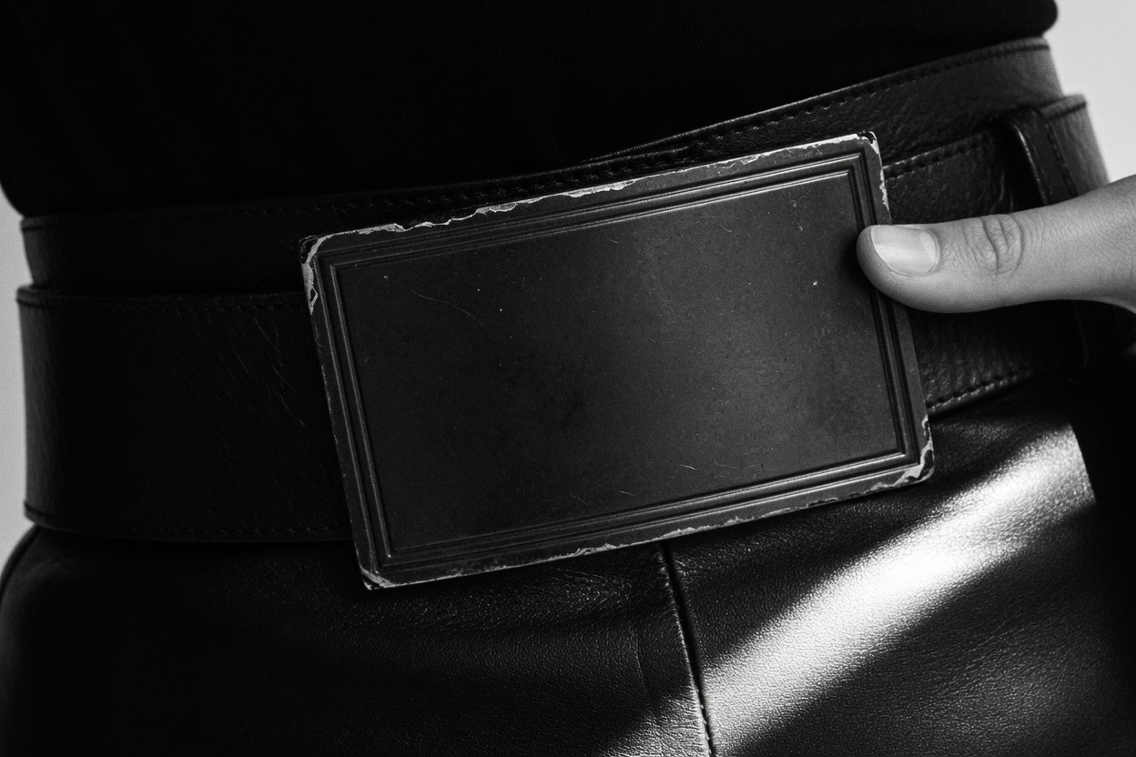 Black leather and the blank plate. The bandana has not been cut, so this is not a photograph of it.