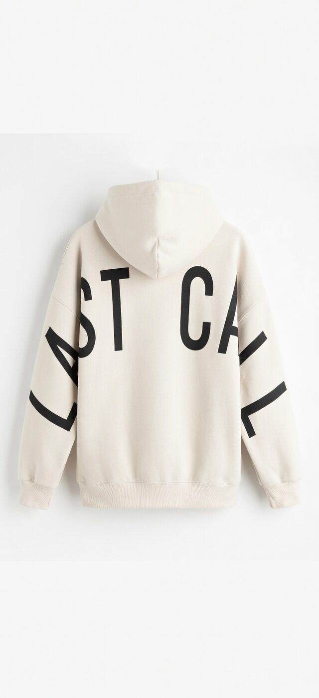 LAST CALL hoodie from the back, on a hanger